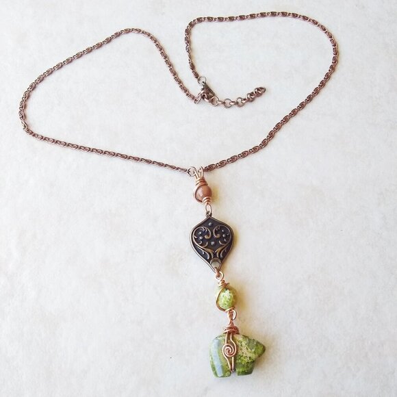Unique Unakite Jasper Bear "Y" + Copper Necklace! 4 Wire Wrapped Beaded Sections - Picture 1 of 14